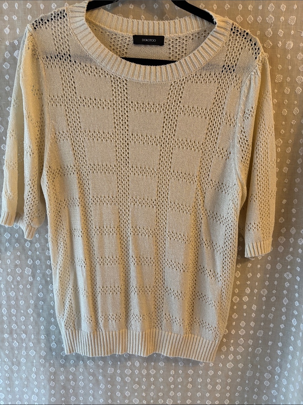 Cream Open-Knit Short-Sleeve Crewneck Sweater